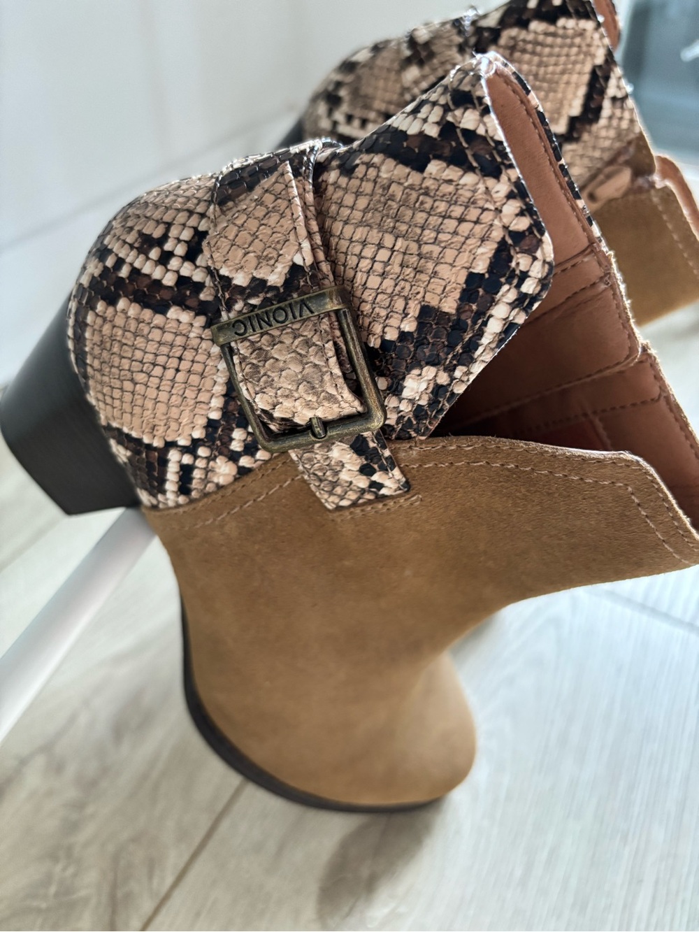 Vionic Tan Suede Ankle Booties with Snake-Print